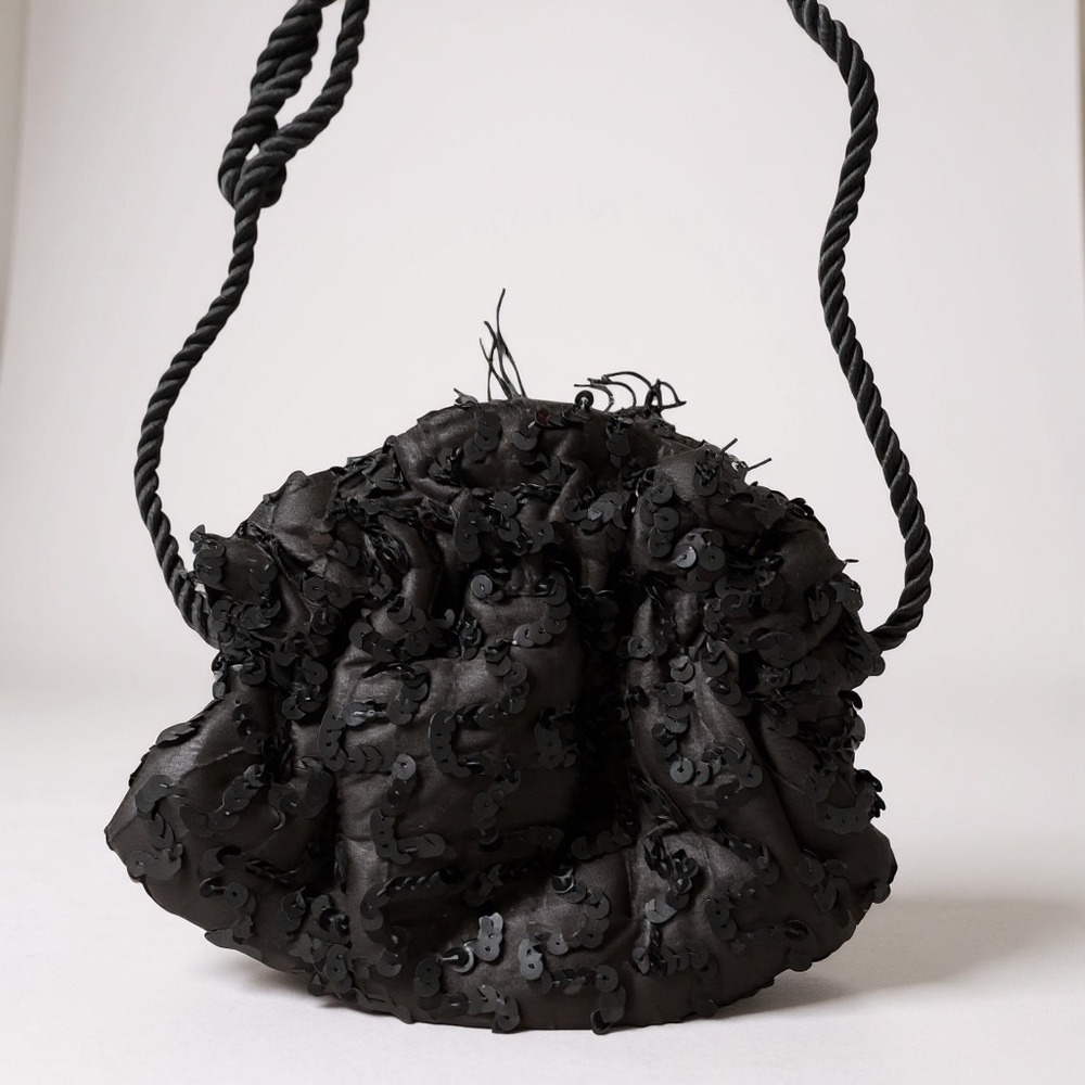 Sparkly Black Sequin‎ Ruched Drawstring Evening Bag